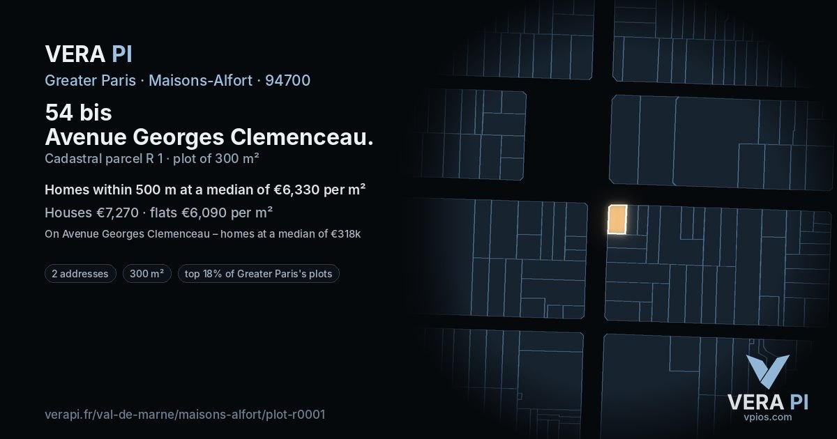 54 bis Avenue Georges Clemenceau, Maisons-Alfort at night – the plot lit, the parcels around coloured by the prices near them