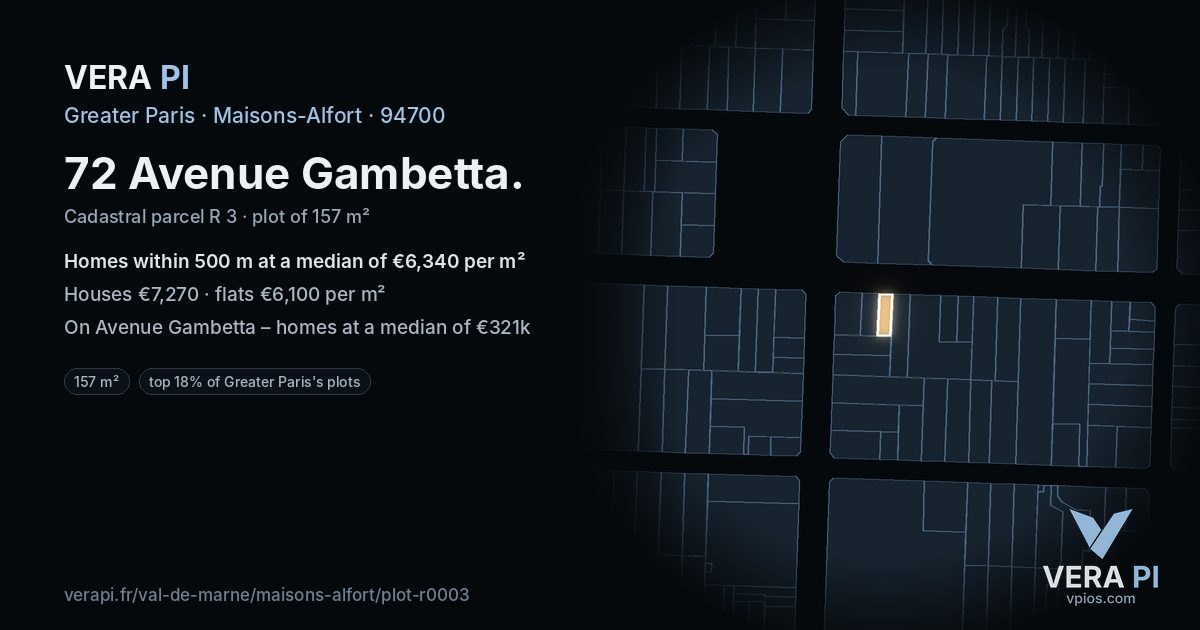 72 Avenue Gambetta, Maisons-Alfort at night – the plot lit, the parcels around coloured by the prices near them