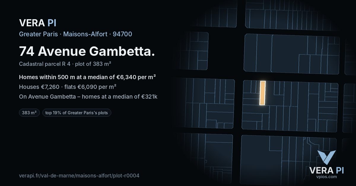 74 Avenue Gambetta, Maisons-Alfort at night – the plot lit, the parcels around coloured by the prices near them