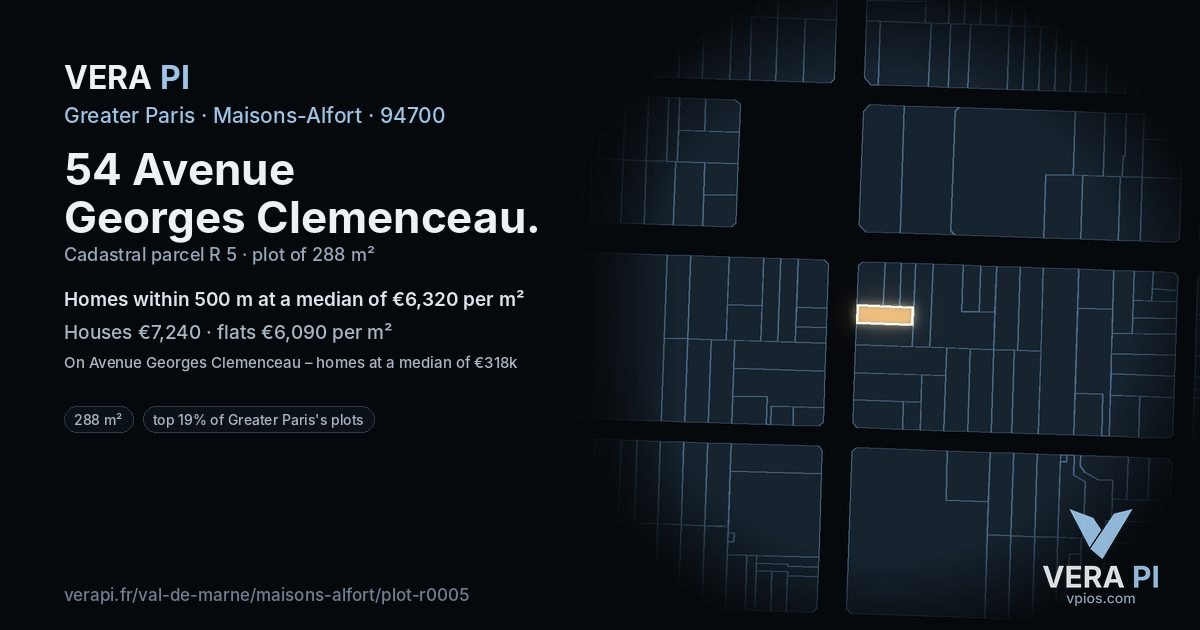 54 Avenue Georges Clemenceau, Maisons-Alfort at night – the plot lit, the parcels around coloured by the prices near them