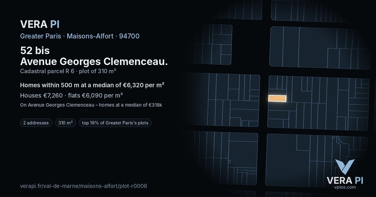 52 bis Avenue Georges Clemenceau, Maisons-Alfort at night – the plot lit, the parcels around coloured by the prices near them