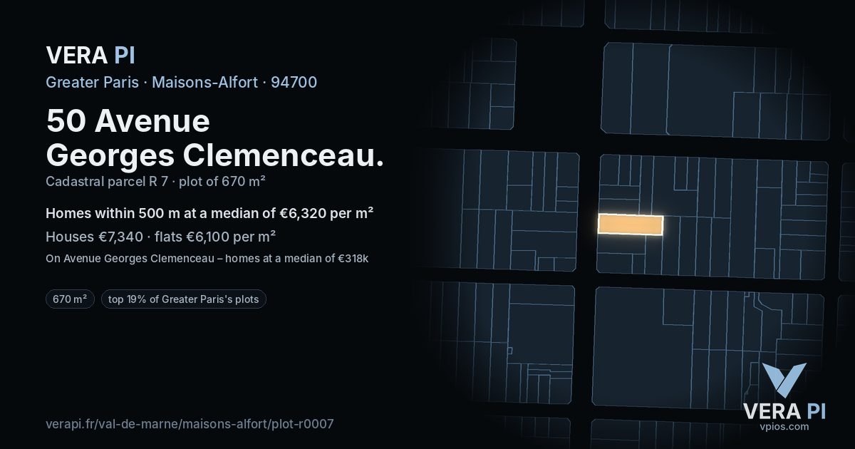 50 Avenue Georges Clemenceau, Maisons-Alfort at night – the plot lit, the parcels around coloured by the prices near them