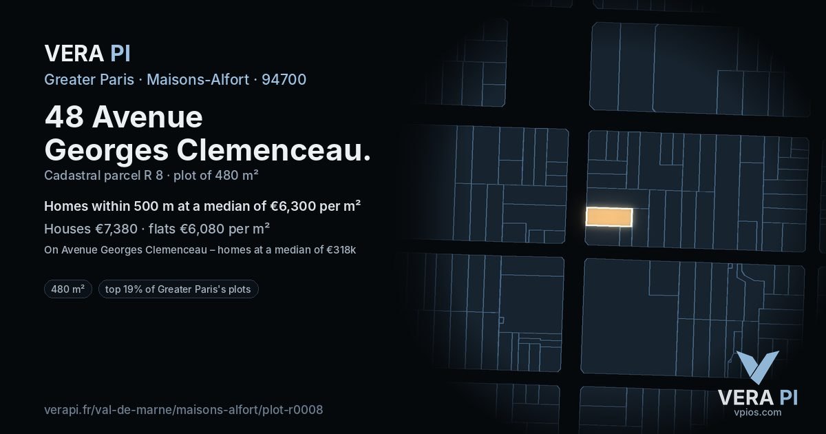 48 Avenue Georges Clemenceau, Maisons-Alfort at night – the plot lit, the parcels around coloured by the prices near them