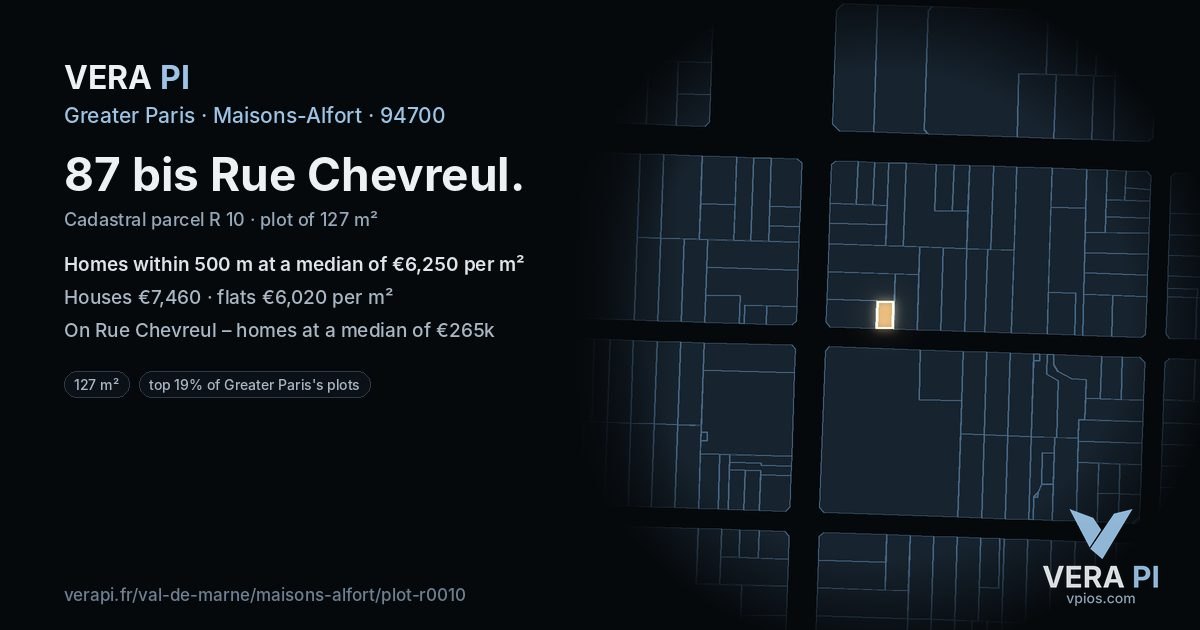 87 bis Rue Chevreul, Maisons-Alfort at night – the plot lit, the parcels around coloured by the prices near them