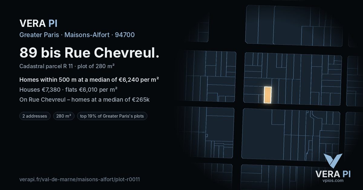 89 bis Rue Chevreul, Maisons-Alfort at night – the plot lit, the parcels around coloured by the prices near them