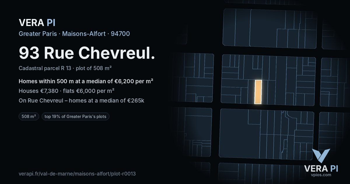 93 Rue Chevreul, Maisons-Alfort at night – the plot lit, the parcels around coloured by the prices near them