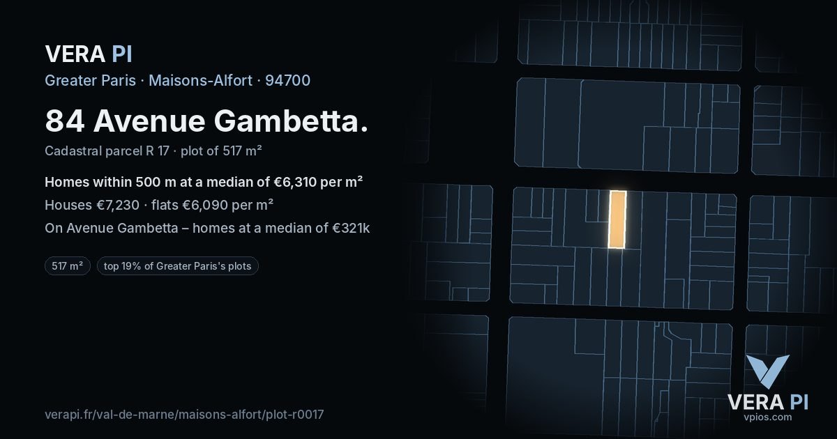 84 Avenue Gambetta, Maisons-Alfort at night – the plot lit, the parcels around coloured by the prices near them
