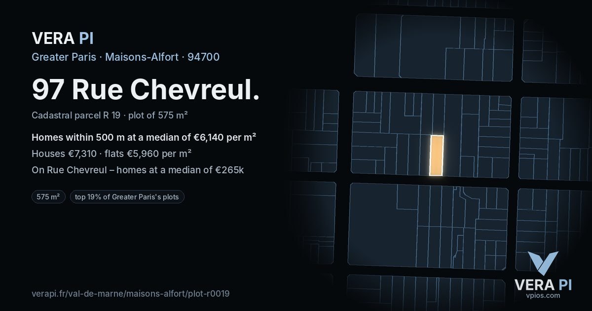 97 Rue Chevreul, Maisons-Alfort at night – the plot lit, the parcels around coloured by the prices near them