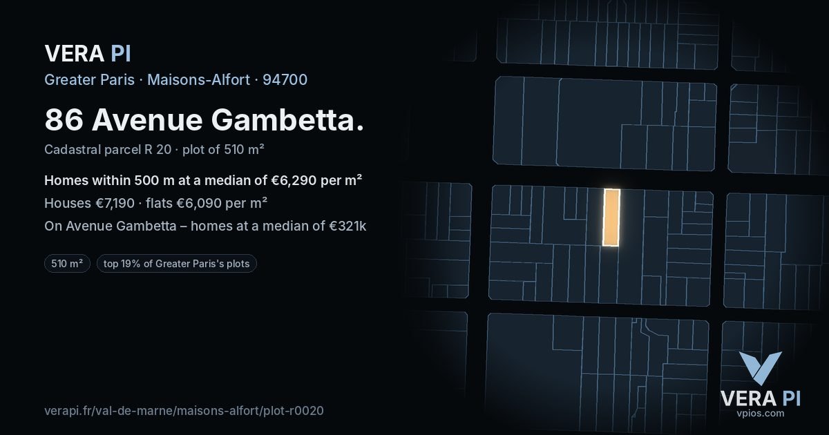 86 Avenue Gambetta, Maisons-Alfort at night – the plot lit, the parcels around coloured by the prices near them