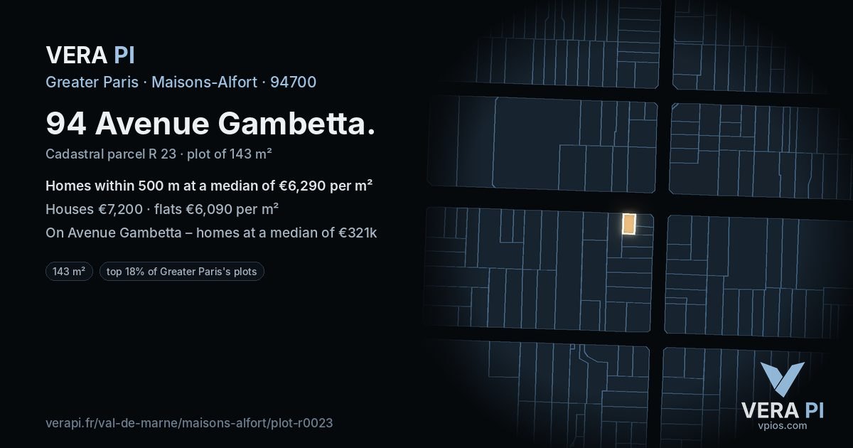 94 Avenue Gambetta, Maisons-Alfort at night – the plot lit, the parcels around coloured by the prices near them