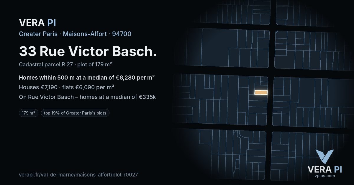 33 Rue Victor Basch, Maisons-Alfort at night – the plot lit, the parcels around coloured by the prices near them