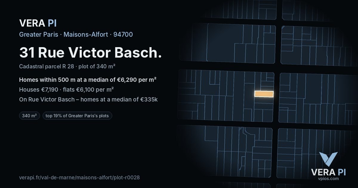 31 Rue Victor Basch, Maisons-Alfort at night – the plot lit, the parcels around coloured by the prices near them