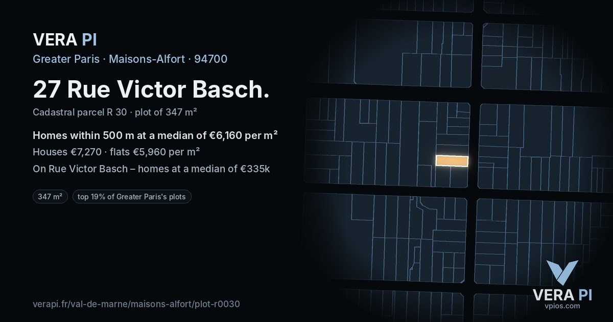 27 Rue Victor Basch, Maisons-Alfort at night – the plot lit, the parcels around coloured by the prices near them