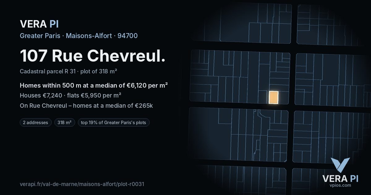 107 Rue Chevreul, Maisons-Alfort at night – the plot lit, the parcels around coloured by the prices near them