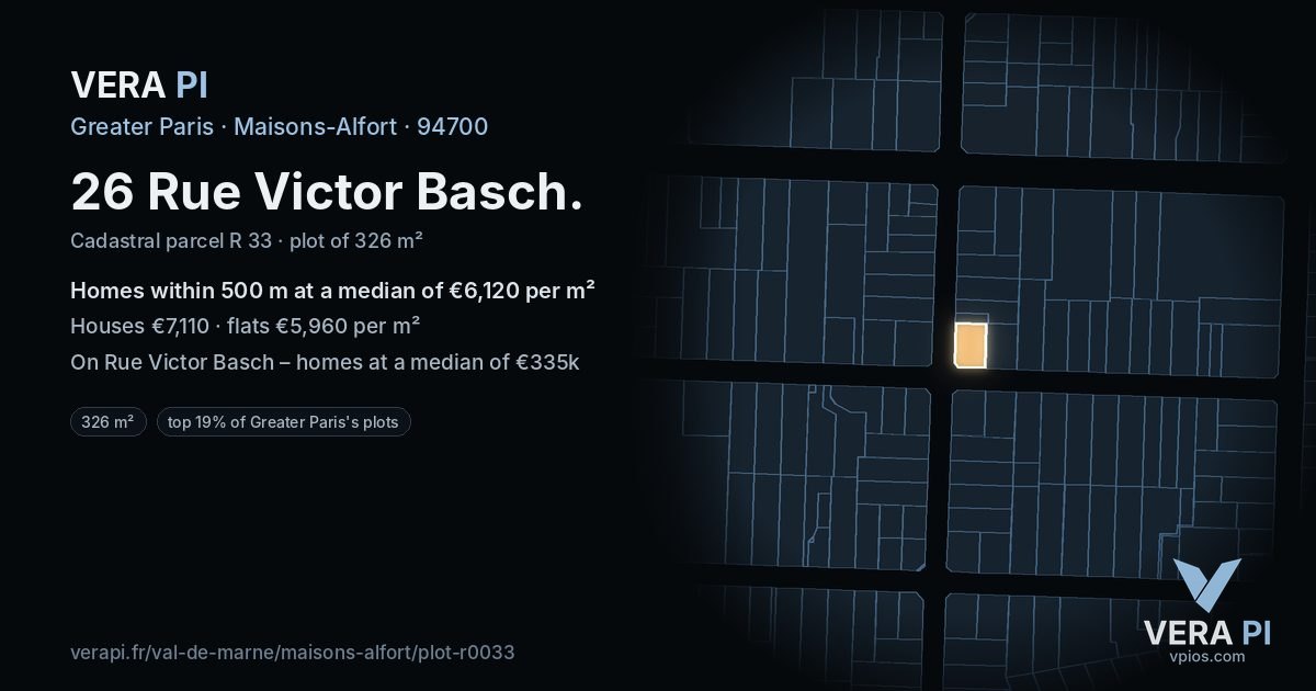 26 Rue Victor Basch, Maisons-Alfort at night – the plot lit, the parcels around coloured by the prices near them