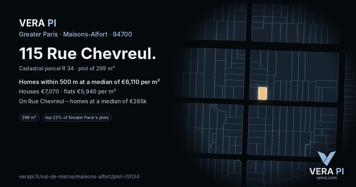 115 Rue Chevreul, Maisons-Alfort at night – the plot lit, the parcels around coloured by the prices near them