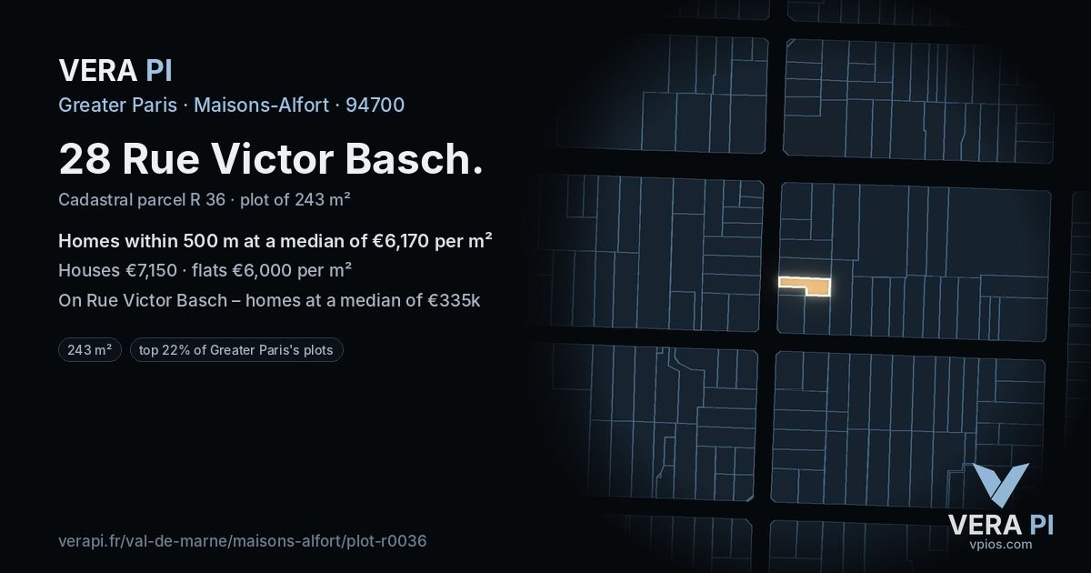 28 Rue Victor Basch, Maisons-Alfort at night – the plot lit, the parcels around coloured by the prices near them