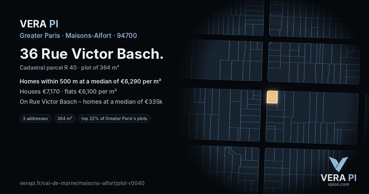 36 Rue Victor Basch, Maisons-Alfort at night – the plot lit, the parcels around coloured by the prices near them