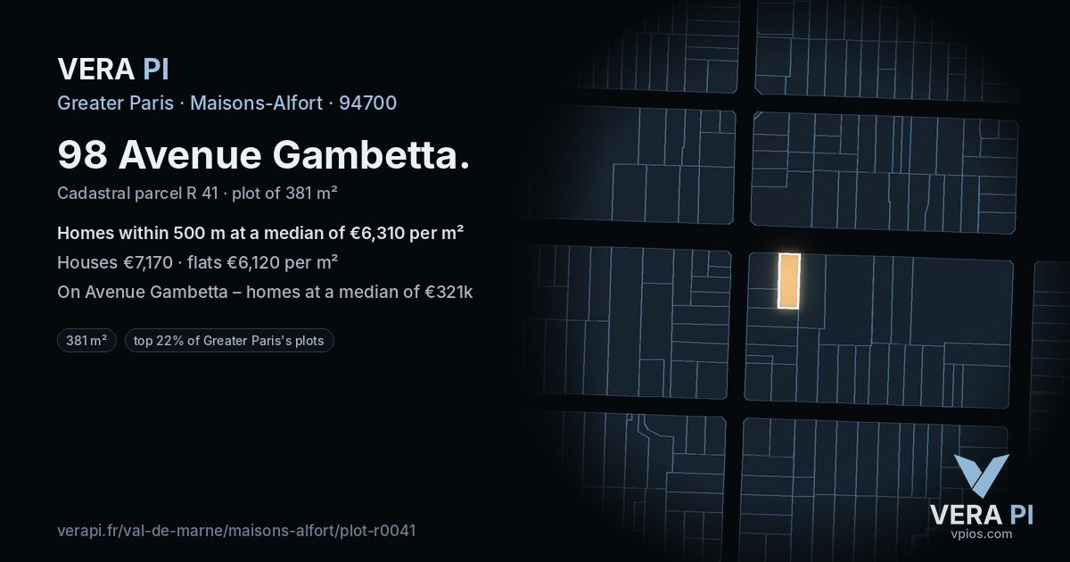 98 Avenue Gambetta, Maisons-Alfort at night – the plot lit, the parcels around coloured by the prices near them