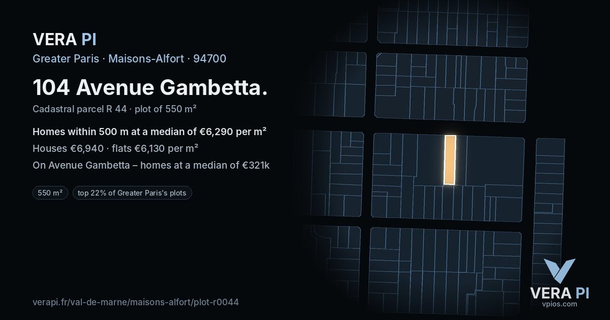 104 Avenue Gambetta, Maisons-Alfort at night – the plot lit, the parcels around coloured by the prices near them