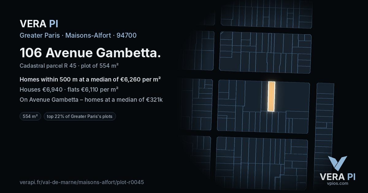 106 Avenue Gambetta, Maisons-Alfort at night – the plot lit, the parcels around coloured by the prices near them