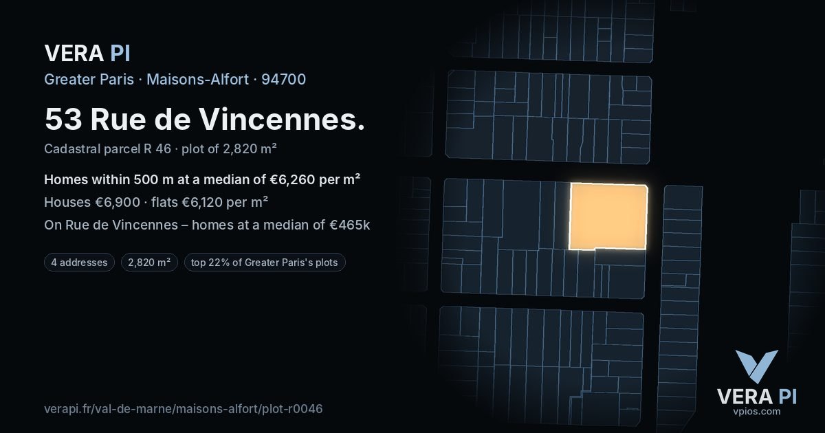 53 Rue de Vincennes, Maisons-Alfort at night – the plot lit, the parcels around coloured by the prices near them