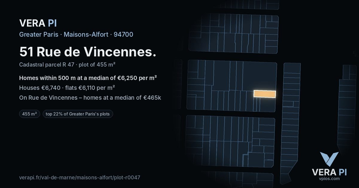 51 Rue de Vincennes, Maisons-Alfort at night – the plot lit, the parcels around coloured by the prices near them