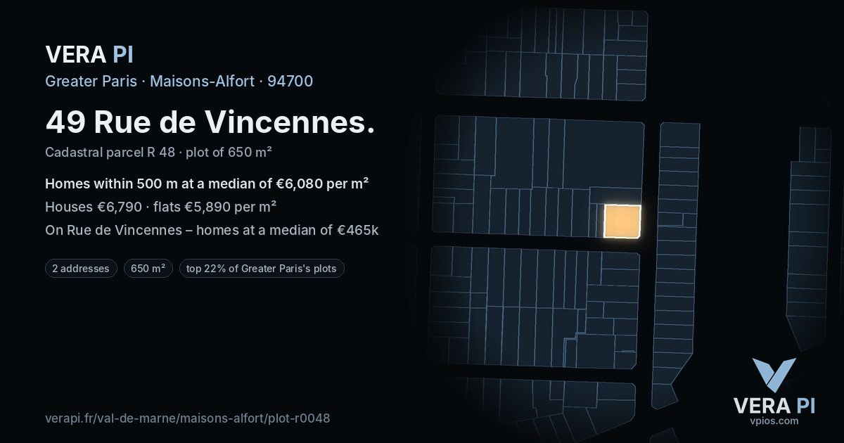 49 Rue de Vincennes, Maisons-Alfort at night – the plot lit, the parcels around coloured by the prices near them