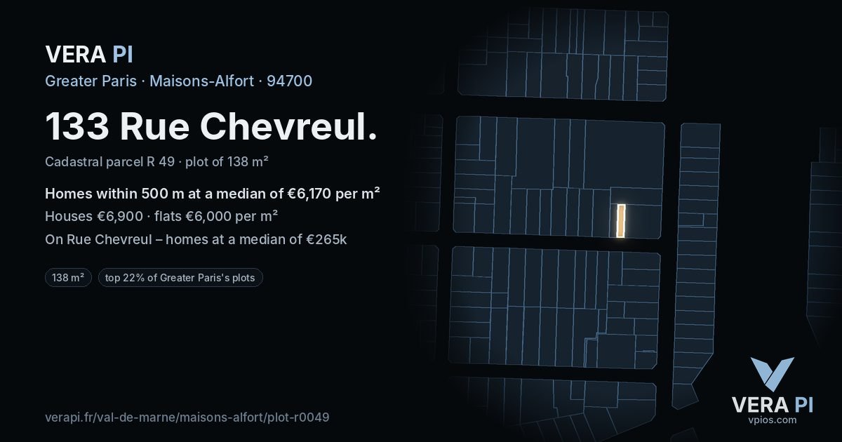 133 Rue Chevreul, Maisons-Alfort at night – the plot lit, the parcels around coloured by the prices near them