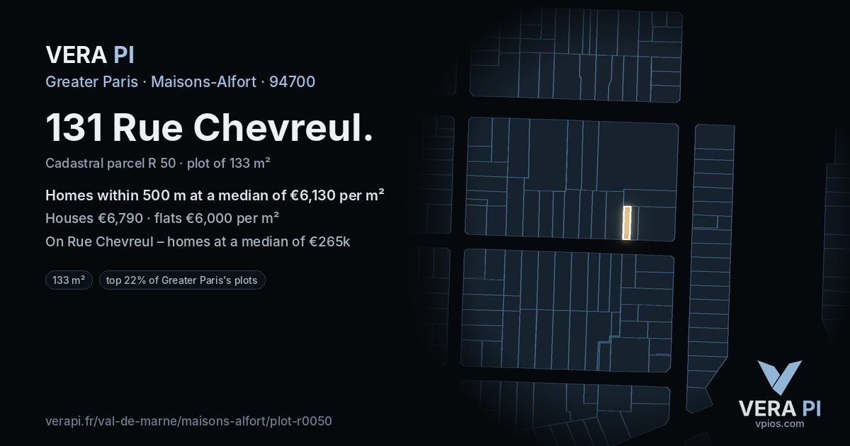 131 Rue Chevreul, Maisons-Alfort at night – the plot lit, the parcels around coloured by the prices near them