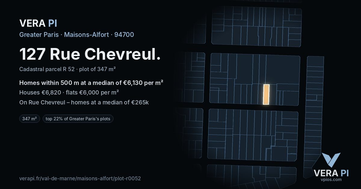 127 Rue Chevreul, Maisons-Alfort at night – the plot lit, the parcels around coloured by the prices near them