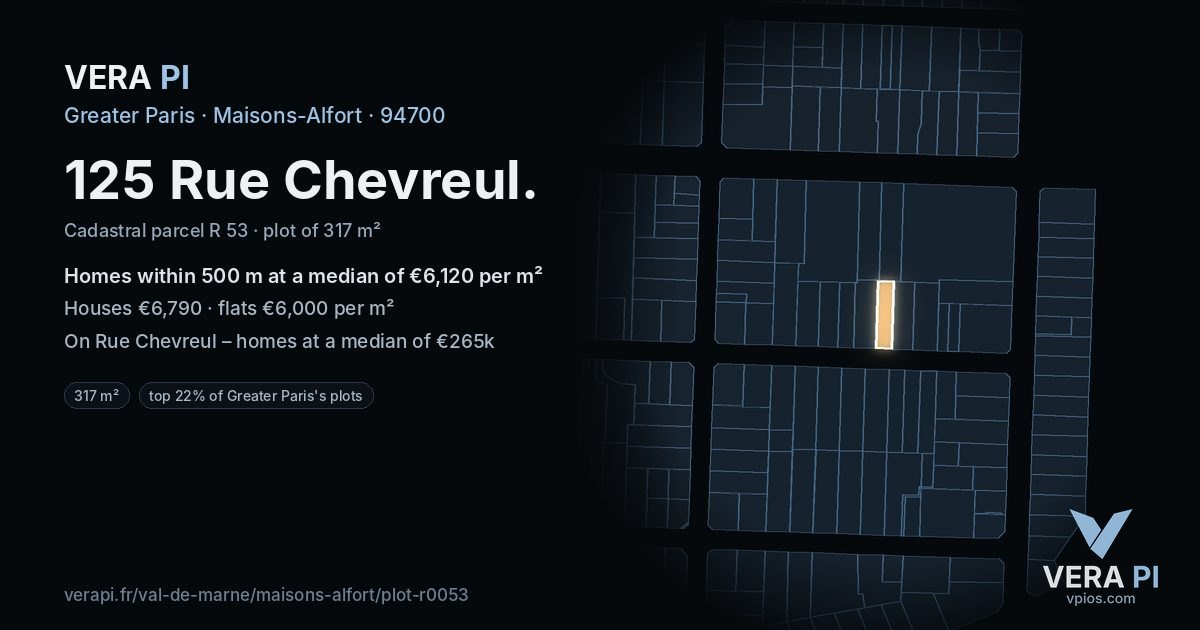 125 Rue Chevreul, Maisons-Alfort at night – the plot lit, the parcels around coloured by the prices near them