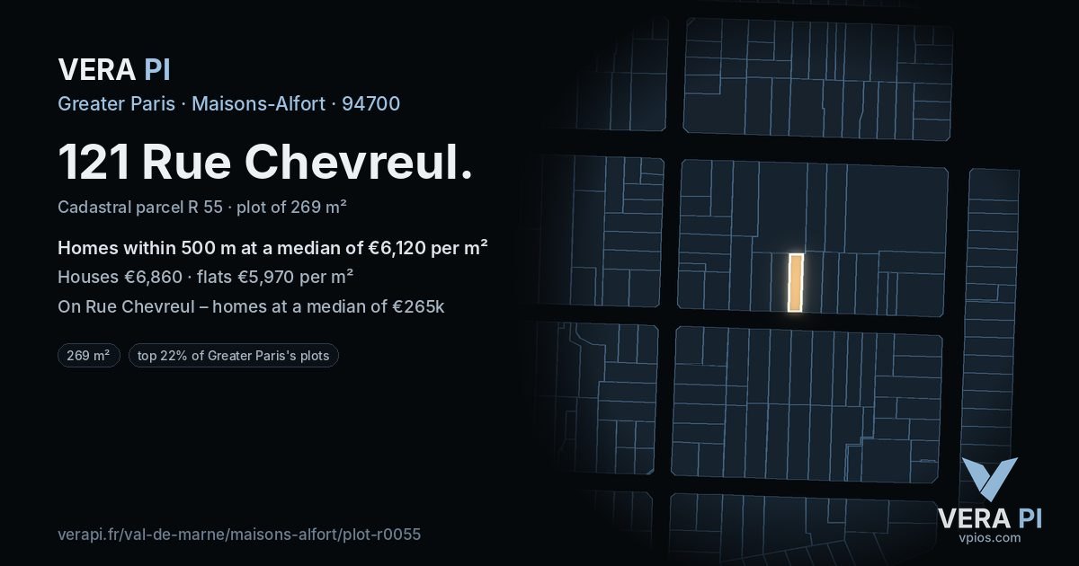121 Rue Chevreul, Maisons-Alfort at night – the plot lit, the parcels around coloured by the prices near them