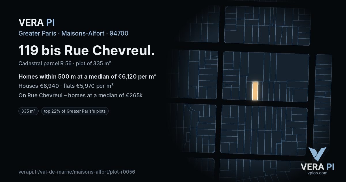 119 bis Rue Chevreul, Maisons-Alfort at night – the plot lit, the parcels around coloured by the prices near them
