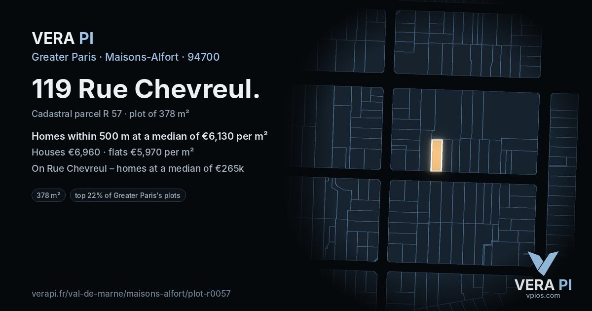 119 Rue Chevreul, Maisons-Alfort at night – the plot lit, the parcels around coloured by the prices near them