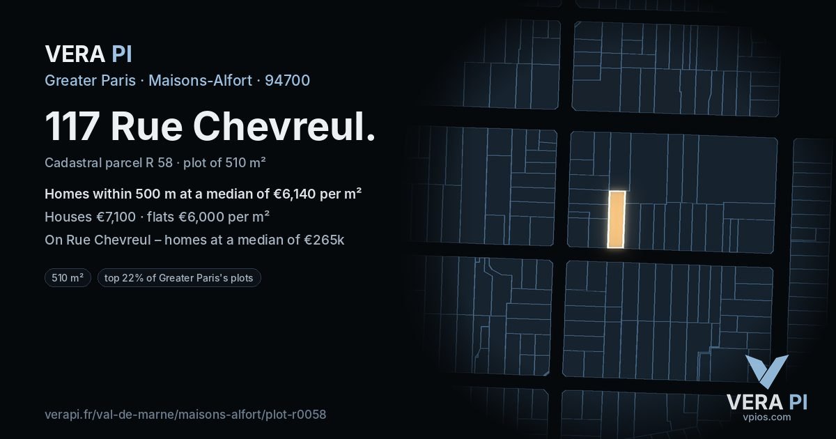 117 Rue Chevreul, Maisons-Alfort at night – the plot lit, the parcels around coloured by the prices near them