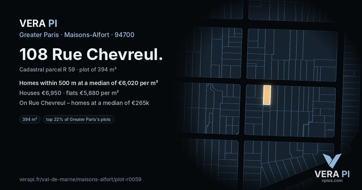 108 Rue Chevreul, Maisons-Alfort at night – the plot lit, the parcels around coloured by the prices near them