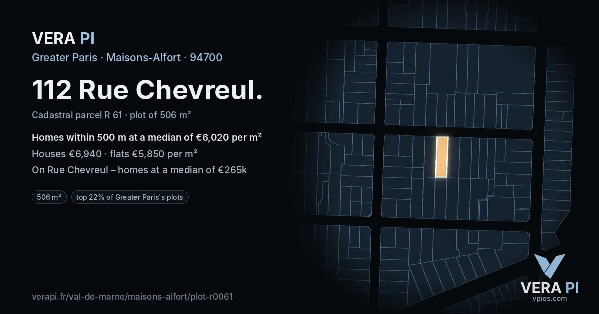 112 Rue Chevreul, Maisons-Alfort at night – the plot lit, the parcels around coloured by the prices near them