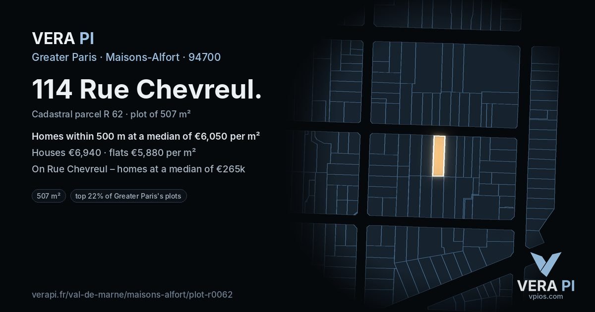 114 Rue Chevreul, Maisons-Alfort at night – the plot lit, the parcels around coloured by the prices near them