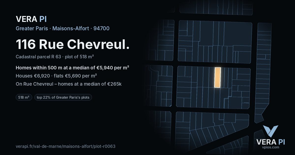 116 Rue Chevreul, Maisons-Alfort at night – the plot lit, the parcels around coloured by the prices near them