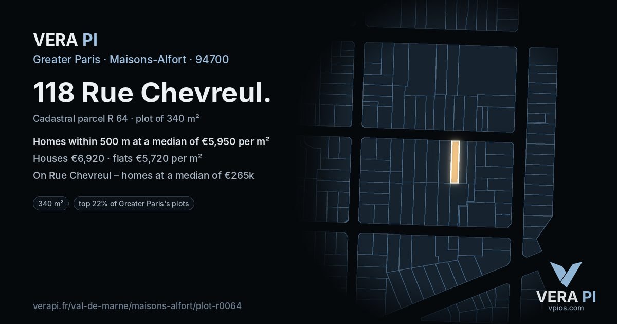 118 Rue Chevreul, Maisons-Alfort at night – the plot lit, the parcels around coloured by the prices near them