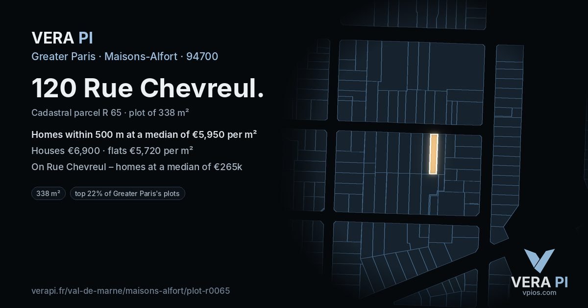 120 Rue Chevreul, Maisons-Alfort at night – the plot lit, the parcels around coloured by the prices near them