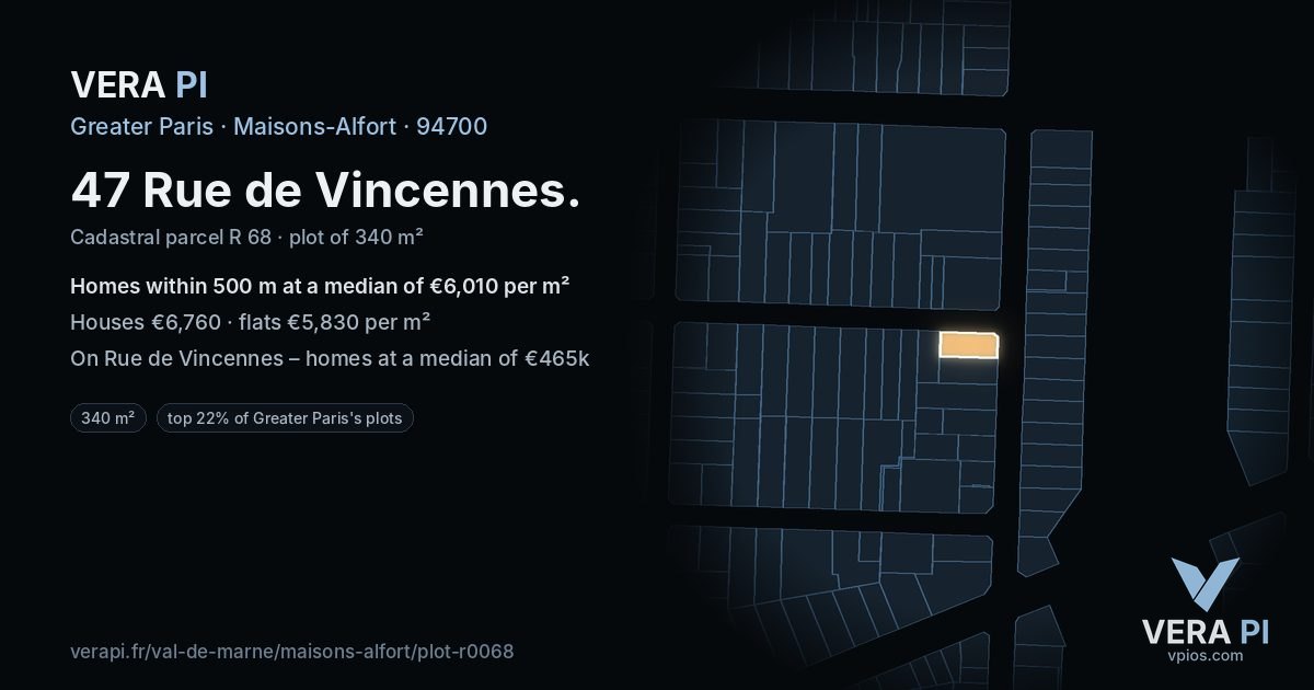 47 Rue de Vincennes, Maisons-Alfort at night – the plot lit, the parcels around coloured by the prices near them