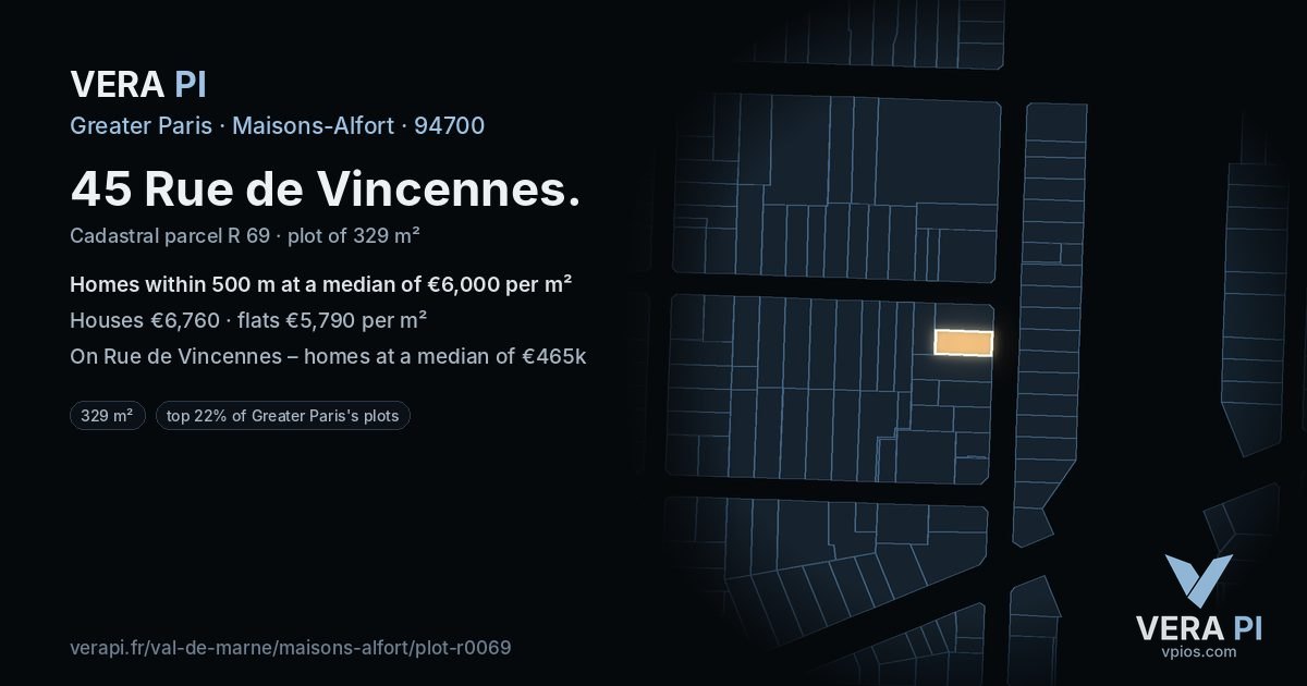 45 Rue de Vincennes, Maisons-Alfort at night – the plot lit, the parcels around coloured by the prices near them