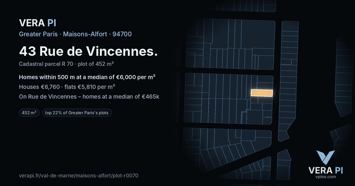 43 Rue de Vincennes, Maisons-Alfort at night – the plot lit, the parcels around coloured by the prices near them