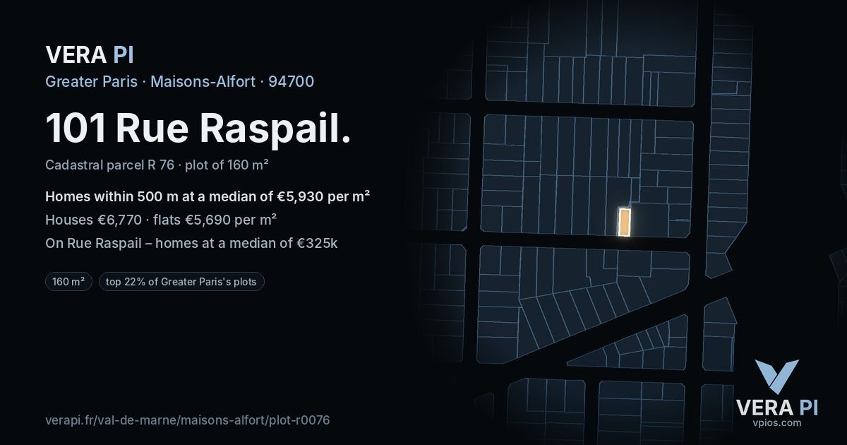 101 Rue Raspail, Maisons-Alfort at night – the plot lit, the parcels around coloured by the prices near them