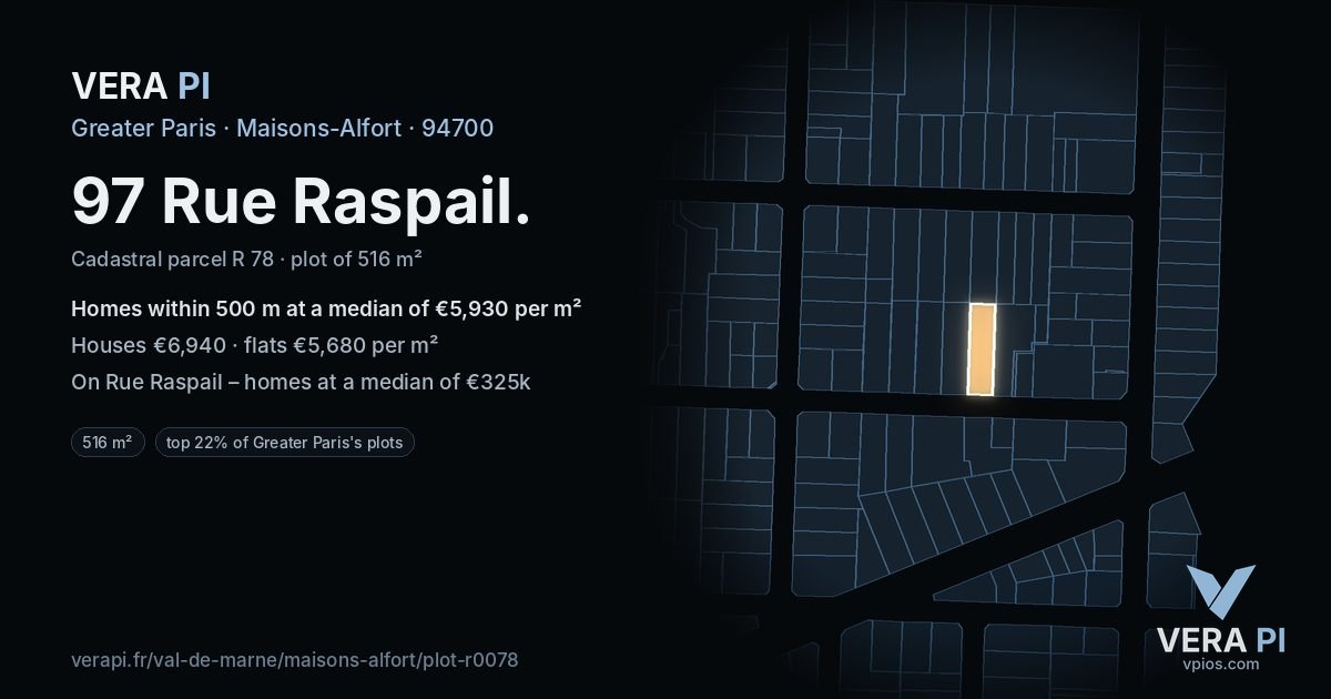 97 Rue Raspail, Maisons-Alfort at night – the plot lit, the parcels around coloured by the prices near them