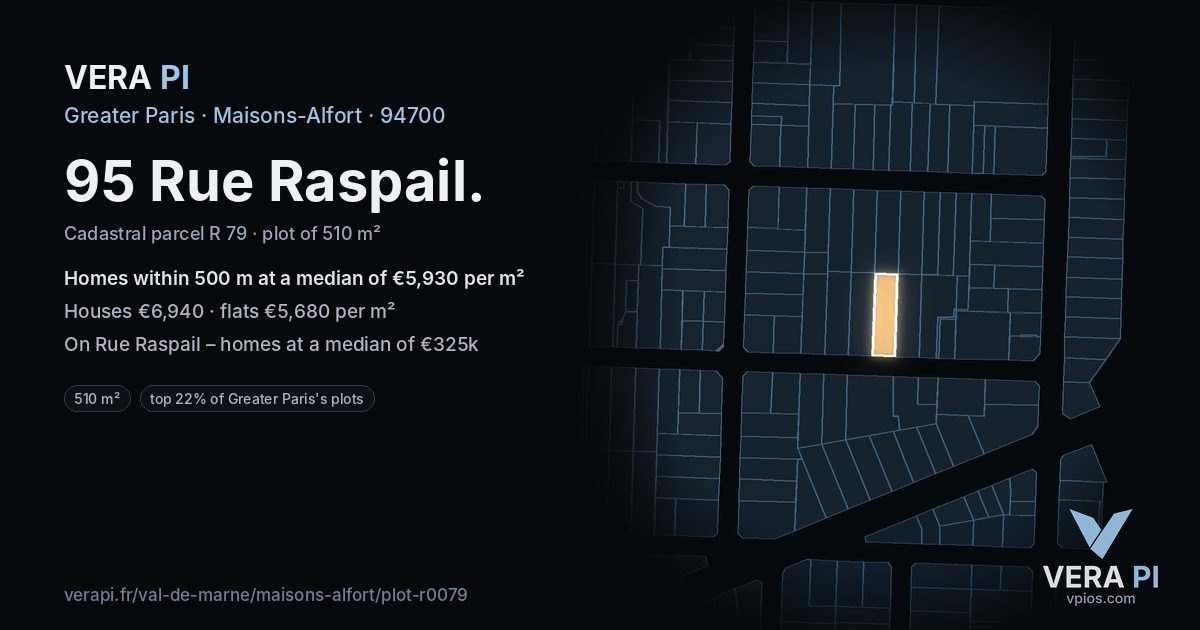 95 Rue Raspail, Maisons-Alfort at night – the plot lit, the parcels around coloured by the prices near them