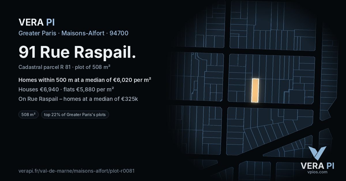 91 Rue Raspail, Maisons-Alfort at night – the plot lit, the parcels around coloured by the prices near them