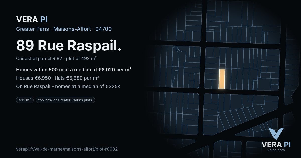 89 Rue Raspail, Maisons-Alfort at night – the plot lit, the parcels around coloured by the prices near them